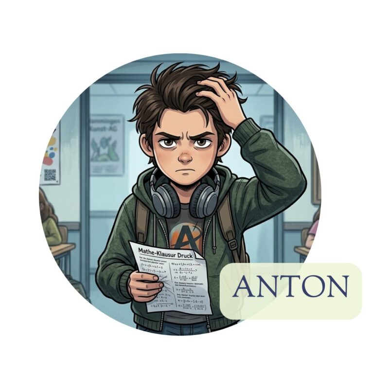 In der Grundschule war für Anton alles leicht. Jetzt in Klasse 7 kann er mit Misserfolg nicht umgehen, fühlt sich dumm, als Außenseiter und geht immer weniger zur Schule. Seine Handy-nutzung wird länger und die Stimmung depressiv.