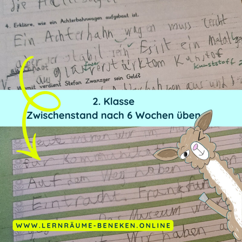 Hier siehst du eine Handschrift, die in den Sommerferien von Klasse 2 zu Klasse 3 trainiert wurde. Es sind deutliche Unterschiede zu erkennen. Glückwunsch an die begleitenden Eltern!