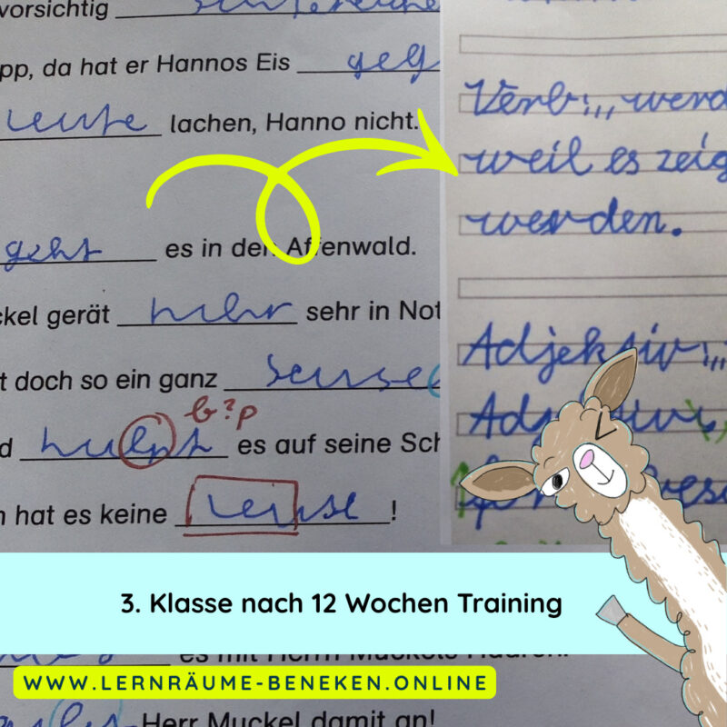 Handschrift ist eine wichtige Lernerfahrung und gleichzeitig die Basis für Lernerfolg. Den Trainingserfolg können wir auf dem Bild deutlich erkennen. Was für eine Entwicklung innerhalb von 10 Wochen.