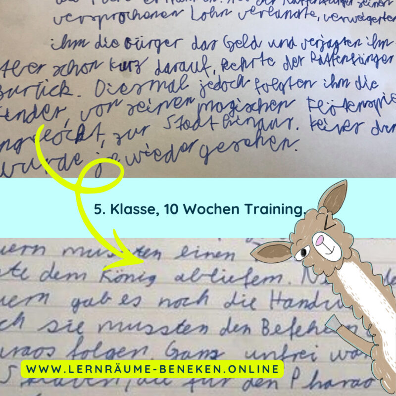 Hier siehst du die Handschrift eines Kindes. Die Auswirkungen eines Trainings auch noch in Klasse 5 nach 10 Wochen sind beachtlich.